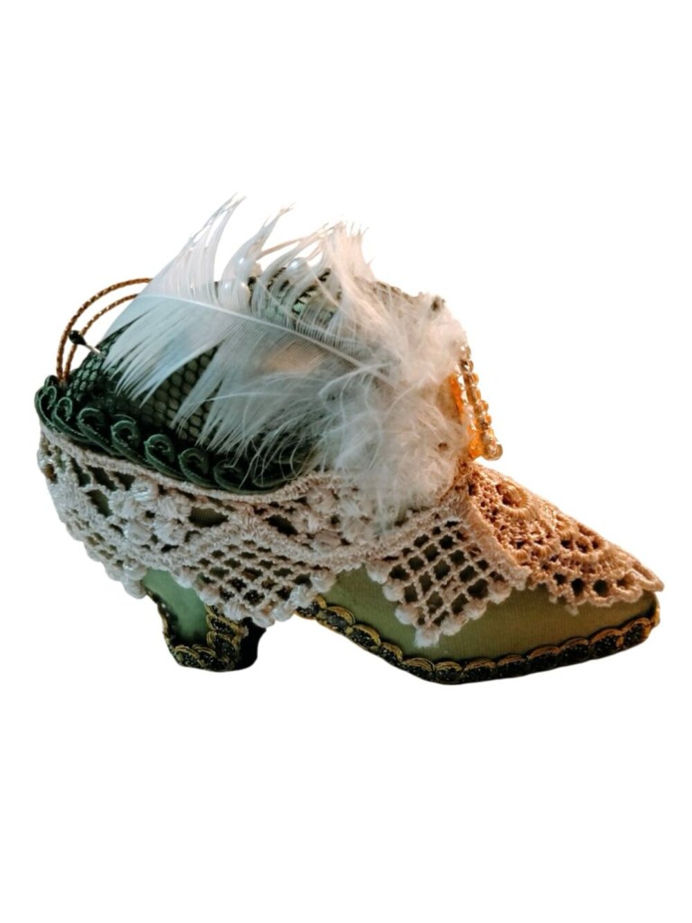 Victorian Style Shoe Ornament Lace Feather Pearl Jeweled Green Gold - Picture 2 of 11
